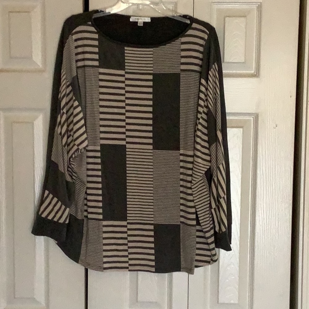 Black and Taupe Geometric Striped Knit Top